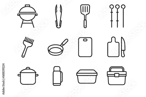 Picnic container knife pot tongs cooking vector cooler grill icons box food