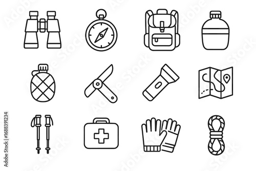 Map trekking icon poles forest icons vector spray rope gloves adventure knife