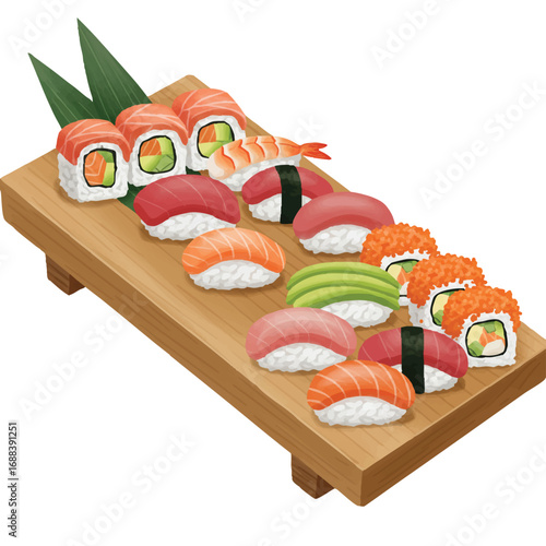 Vibrant flat 2D vector sushi and sashimi, with fresh tuna, salmon, and avocado rolls, elegantly arranged on a serving board with green leaves on a white background.