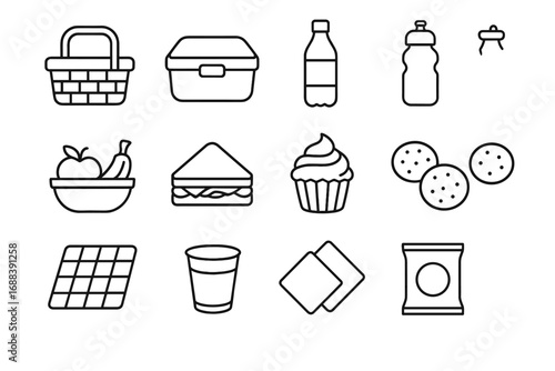 Vector juice cup cookies pouch bowl napkins kids picnic cupcake fruit icon