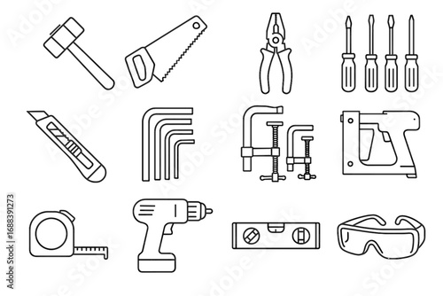 Goggles assorted vector icon keys rubber knife safety toolbox diy clamps drill