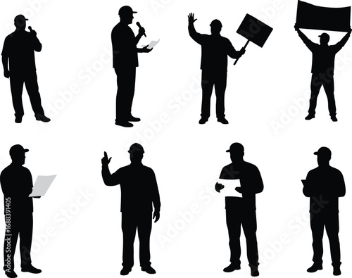 Silhouettes of men in caps holding microphones, papers, and protest signs, showing speaking, protesting, and communication concepts.