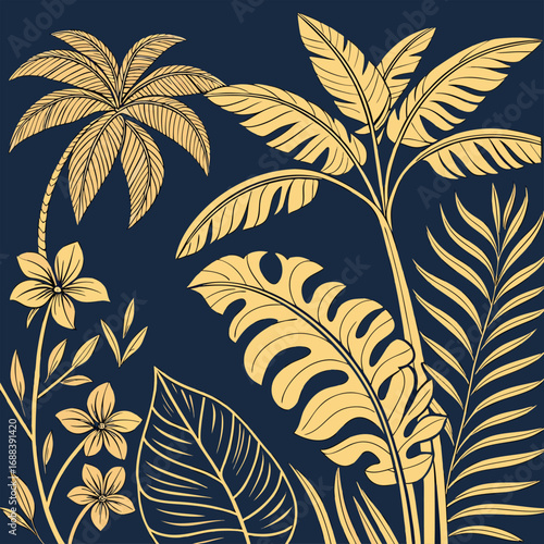 Tropical Paradise of Golden Foliage on a Navy Canvas Exotic Flora and Jungle Botanical Bliss Art Deco Inspiration