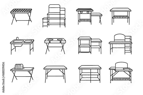 Cooking kitchen table cooler shelf portable rack camp compact vector icons icon