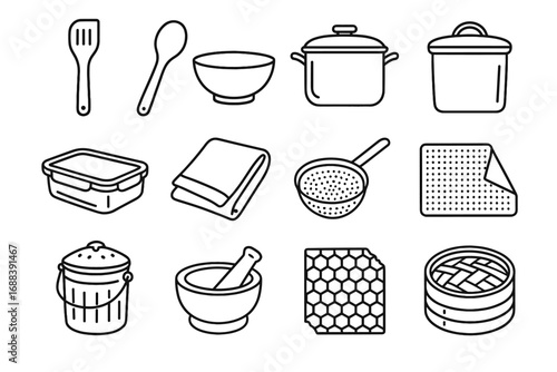 Vector kitchen reusable icon compost pot eco friendly ceramic metal towel spoon