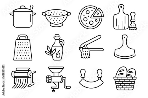 Pasta icons colander cheese chopper stone pizza cutter vector cooking icon italian