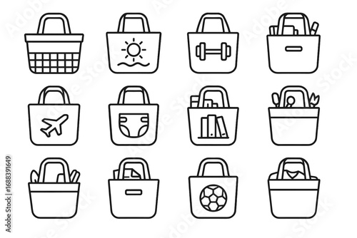 Eco vector beach gym tote sports library supply icon book bag