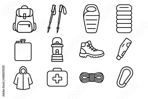 Vector sleeping ultralight gear small icons mini hiking backpack flask icon paracord