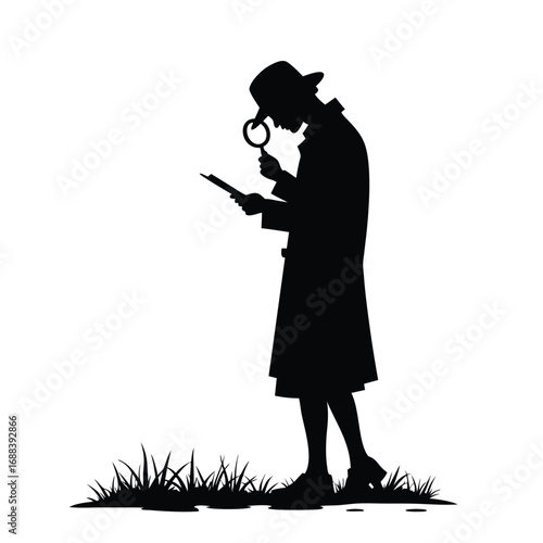 Detective silhouette examining document with magnifying glass in grass