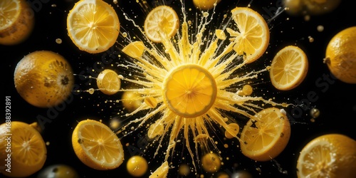  Realistic Lemons Exploding Lemon Slices Rendered in Hyper Realistic Detail Against a Pitch Black Background