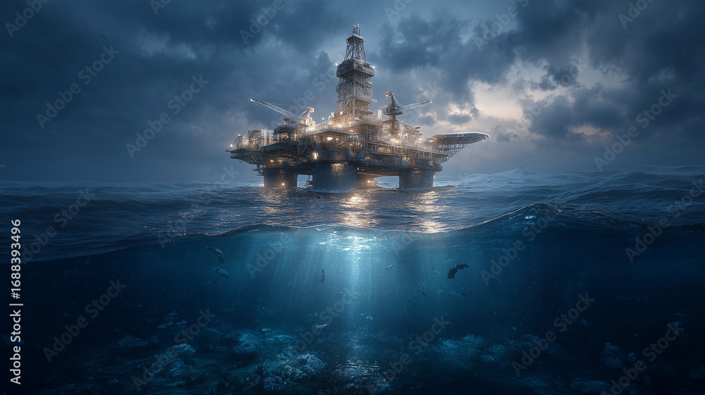 Fototapeta premium offshore oil rig stands majestically above ocean, illuminated by bright lights against dramatic sky. deep blue water reveals vibrant underwater world, creating striking contrast