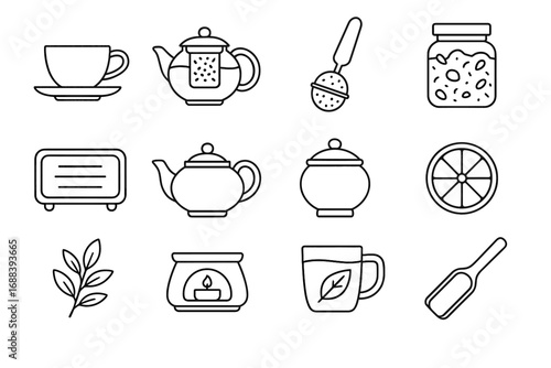 Icon lemon teapot herbal tea jar spoon sugar tray vector porcelain