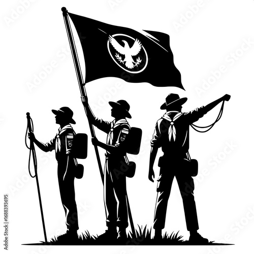 Black and White Vector Silhouette of Scouts Raising Flag