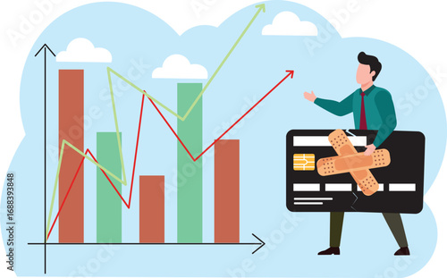 Credit repair, process to fixing poor credit standing, recover from financial mistake or negotiate with lender concept, confidence businessman stand with fixed and repaired credit card with bandage