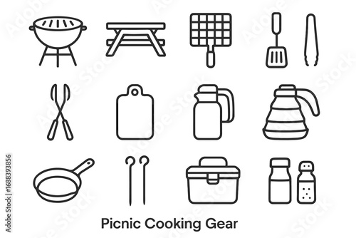 Icon grid flat cooler vector steel tongs frying icons rectangular board picnic