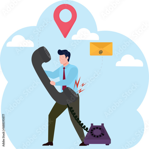 Contact us via email, phone or office location, communicate with customer or client, business information or channel for business contact concept, businessman with telephone, email and location pin