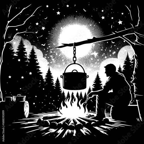 Black and White Vector Silhouette of Scout Cooking Pot