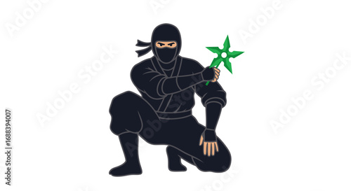 Crouching ninja in black suit holding a green shuriken weapon.