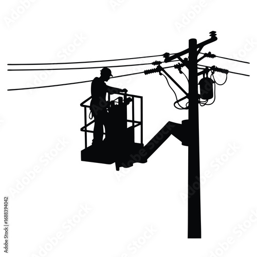 Electrician silhouette in bucket truck working on power lines