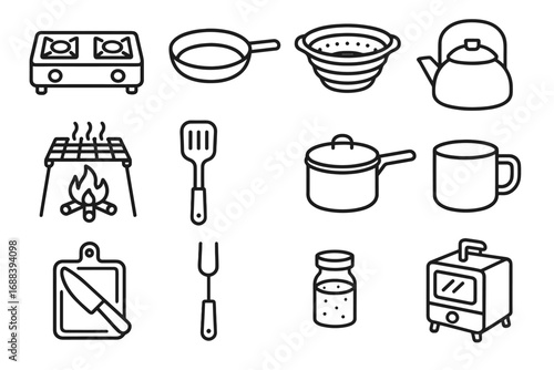 Vector camping cooking icon rack folding lid chopping board gear gas compact