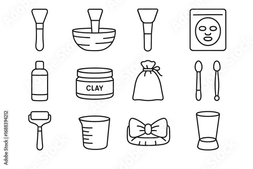 Icon clay tool mask vector stand skincare roller icons pack brush bowl