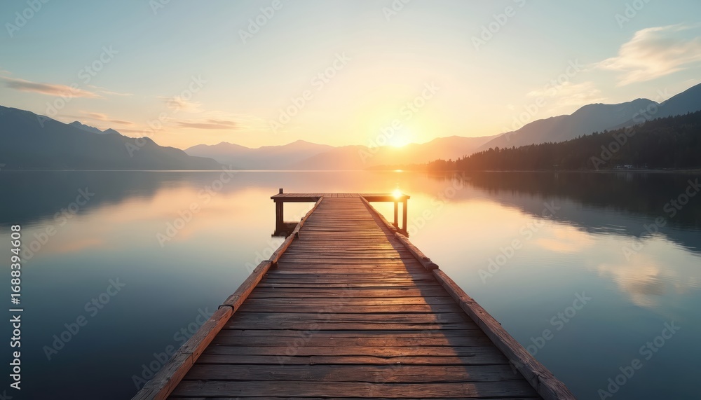 Fototapeta premium Wooden pier on calm lake at sunrise. Mountains and forest landscape in background. Tranquil water reflects sun light and sky. Peaceful morning scene ideal for travel and relaxation themes.