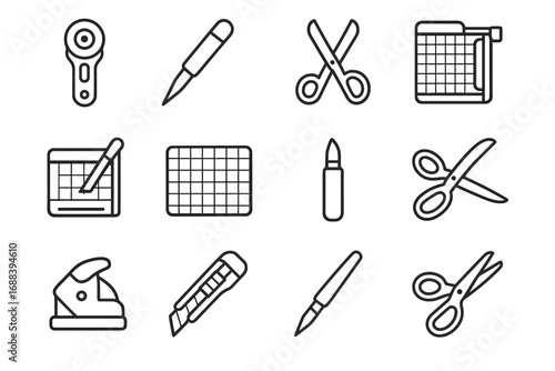 Vector icons scissors knife crafting mat tools fabric trimmer guillotine paper craft