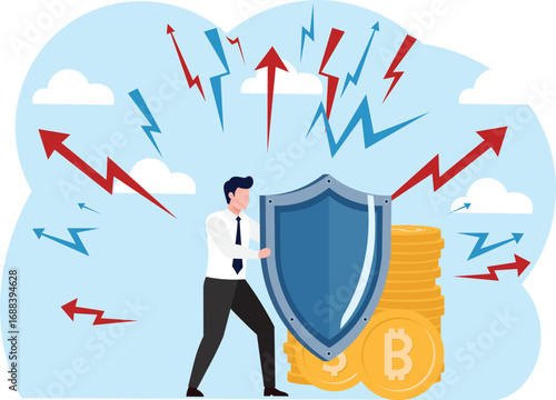 Wealth protection, investment asset allocation portfolio in volatility market or saving guard in financial and economic crisis, businessman expert with strong shield to protect money coins stack
