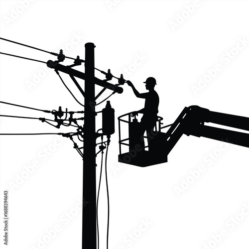 Electrician working on power lines from a bucket truck