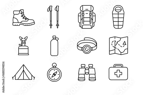 Tent icon trail vector bag headlamp aid gear icons map camping hiking