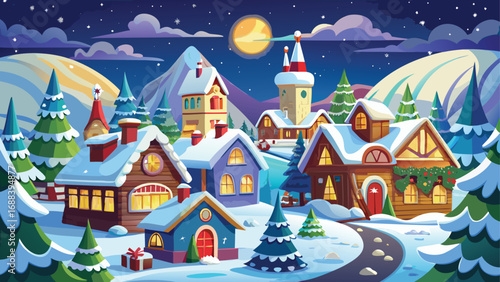 A magical winter night village with decorated houses and snow-covered trees under a starry sky
