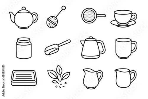 Tea cup jug kettle scoop brewing icon vector canister ceramic leaf