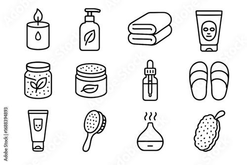 Candle spa bottle brush wellness oil icons scented mask icon massage vector