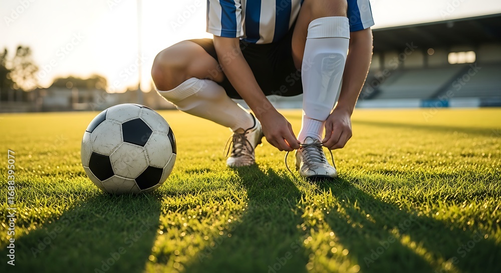 Obraz premium Female Soccer Player Preparing for Match on Sunlit Stadium Field