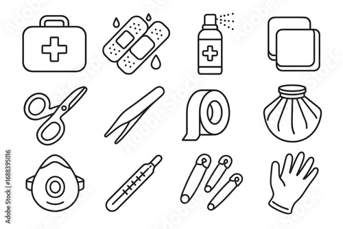 Vector plaster bag ergonomic stretch glass first safety icon icons aid tweezers