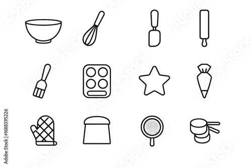 Icons cups bowl spatula vector pastry cutter pin essentials baking icon bag