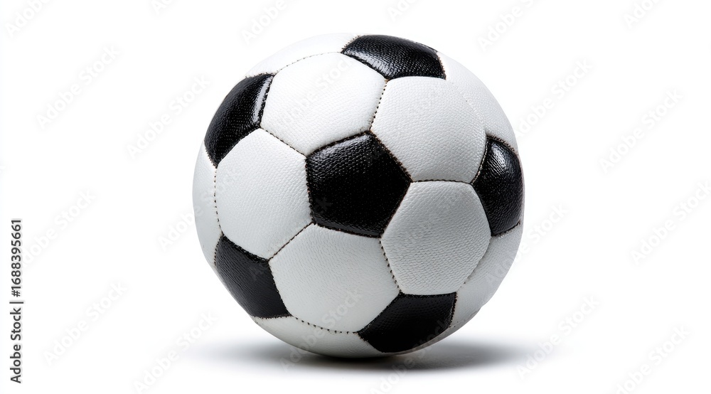 Fototapeta premium A classic black and white soccer ball, perfectly round, with a subtle shadow cast on a pure white background, showcasing its stitched leather panels