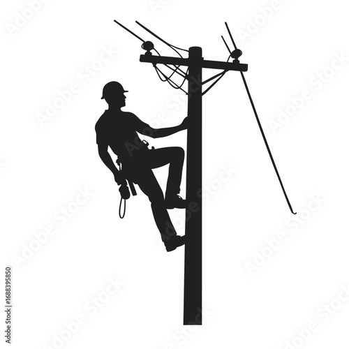 Lineman climbing utility pole with wires electrician