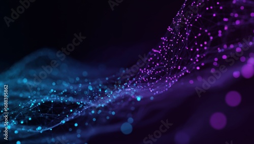 Abstract swirling network of interconnected points, in shades of purple and blue