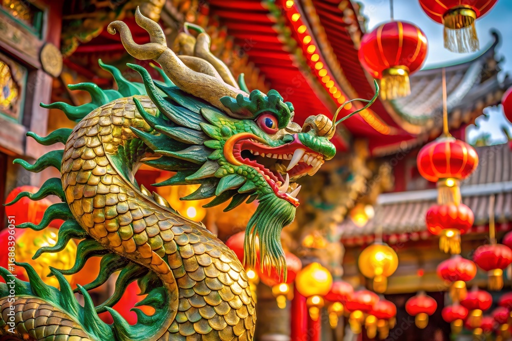 custom made wallpaper toronto digitalChinese Dragon Statue with Red Lanterns and Ornate Architecture in Background