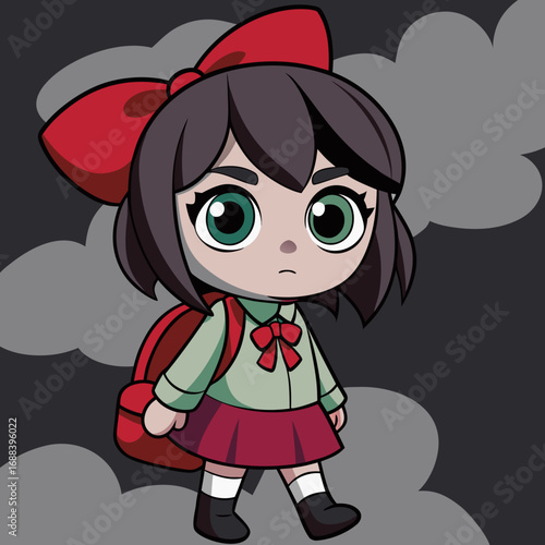 A smiling cartoon girl in a red dress holds a heart, a fun vector illustration for a holiday kid's costume design