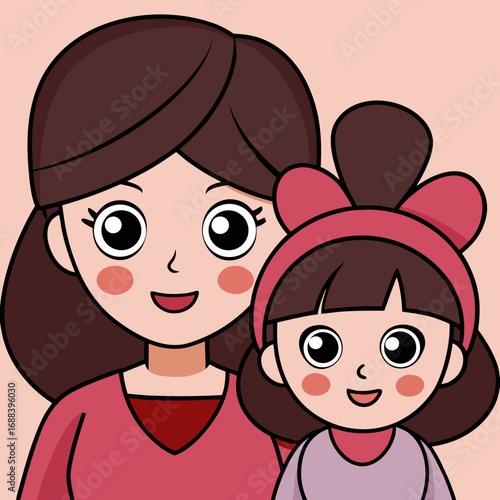 Cute cartoon illustration of a mother and daughter smiling happily together, representing family love and bonding