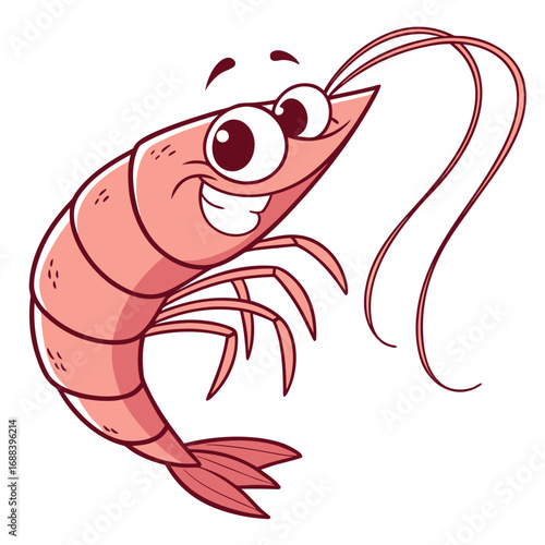A cheerful and happy cartoon shrimp with big eyes and a wide smile isolated on a white background representing a friendly sea creature