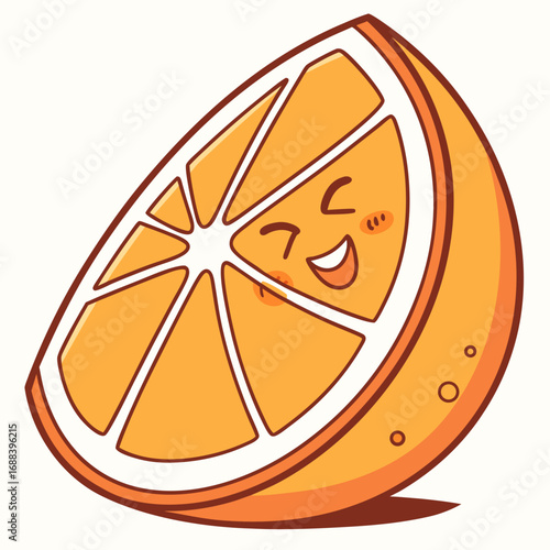 A cheerful and happy cartoon slice of orange with a big smile and rosy cheeks isolated on a white background