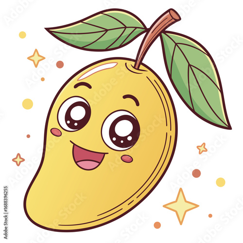 A cheerful and happy yellow mango character with big sparkling eyes and a wide smile surrounded by colorful dots and stars perfect for children s illustrations and designs
