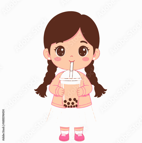 Cute kawaii chibi girl holding bubble tea, adorable child character with braids, pastel pink and blue outfit, drinking boba cup, fun playful cartoon vector illustration for kids design