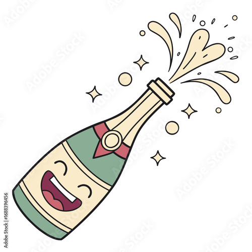 A cheerful cartoon champagne bottle with a happy face is popping open with bubbly liquid and sparkling stars against a white background
