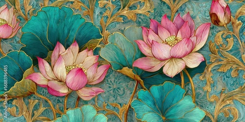 Detailed lotus flowers in teal and gold damask pattern