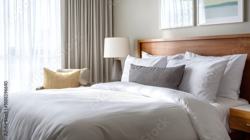 A serene hotel bedroom bathed in morning light, featuring a neatly made bed and minimalist decor.