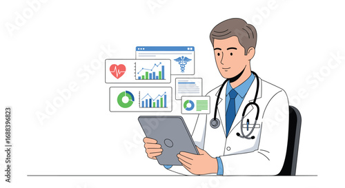 Professional doctor analyzing digital healthcare data on tablet with medical charts and graphs for innovative medical insights and patient care strategies, Generative AI.